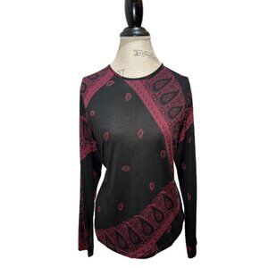 LR Black & Pink/Purple Paisley Long Sleeve Round Neck Silk Blend Top Women's XL